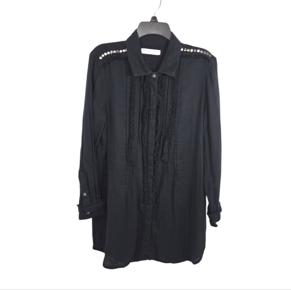 {Anthropologie} Artisan de Luxe Women's Studded Frayed Button-Down Tunic Blouse